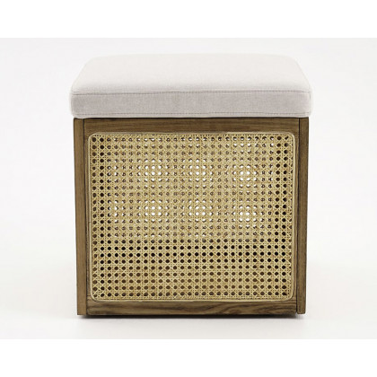 HMR - 18.1'' Boho Rattan Storage Ottoman Square Foot Stool in Khaki & Natural
