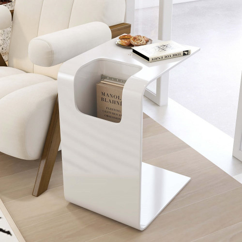 HMR C-Shaped Convertible Wood Side Table with Storage - White