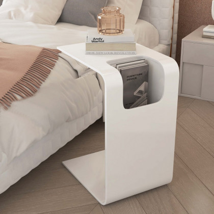 HMR C-Shaped Convertible Wood Side Table with Storage - White