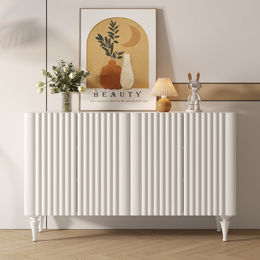 HMR - 59" Modern White Sideboard Buffet with Doors Carved Credenza Adjustable Shelves