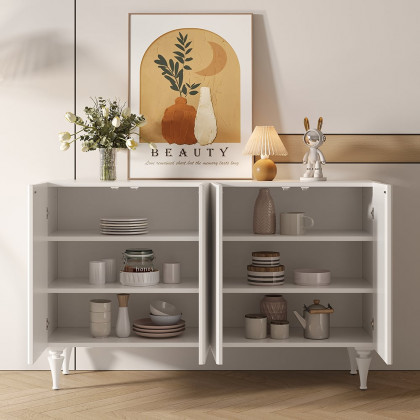 HMR - 59" Modern White Sideboard Buffet with Doors Carved Credenza Adjustable Shelves