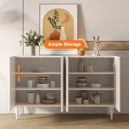 HMR - 59" Modern White Sideboard Buffet with Doors Carved Credenza Adjustable Shelves
