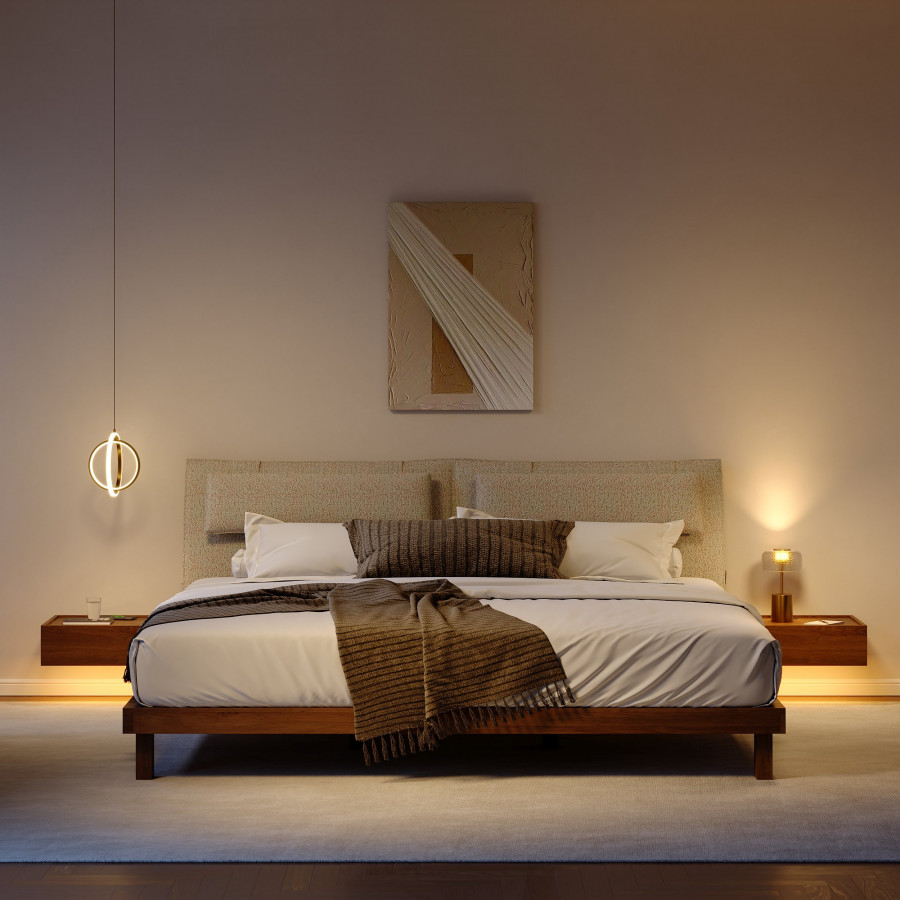 HMR - King Size Linen Bed with Floating Nightstands Bedroom Set