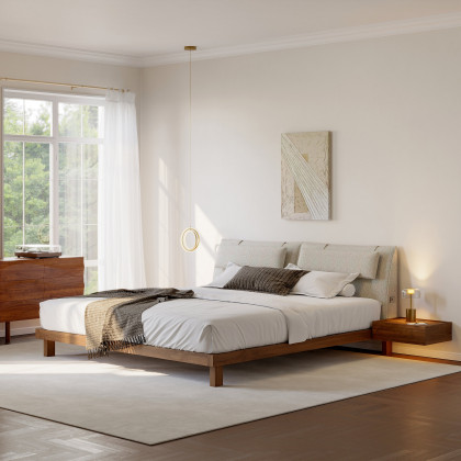 HMR - King Size Linen Bed with Floating Nightstands Bedroom Set