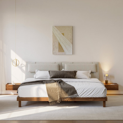 HMR - King Size Linen Bed with Floating Nightstands Bedroom Set