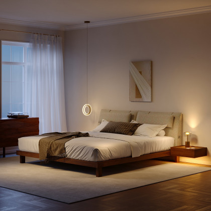 HMR - King Size Linen Bed with Floating Nightstands Bedroom Set