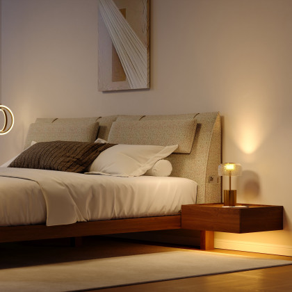 HMR - King Size Linen Bed with Floating Nightstands Bedroom Set