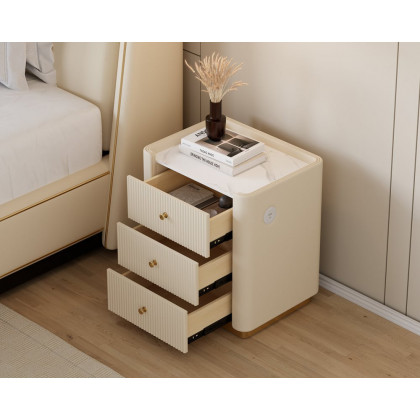 HMR King Size Upholstered Bed Frame Polished Gold & Faux Leather Headboard & Nightstands Set - Off-White