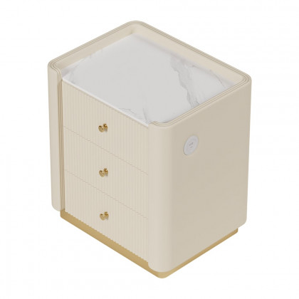 HMR King Size Upholstered Bed Frame Polished Gold & Faux Leather Headboard & Nightstands Set - Off-White