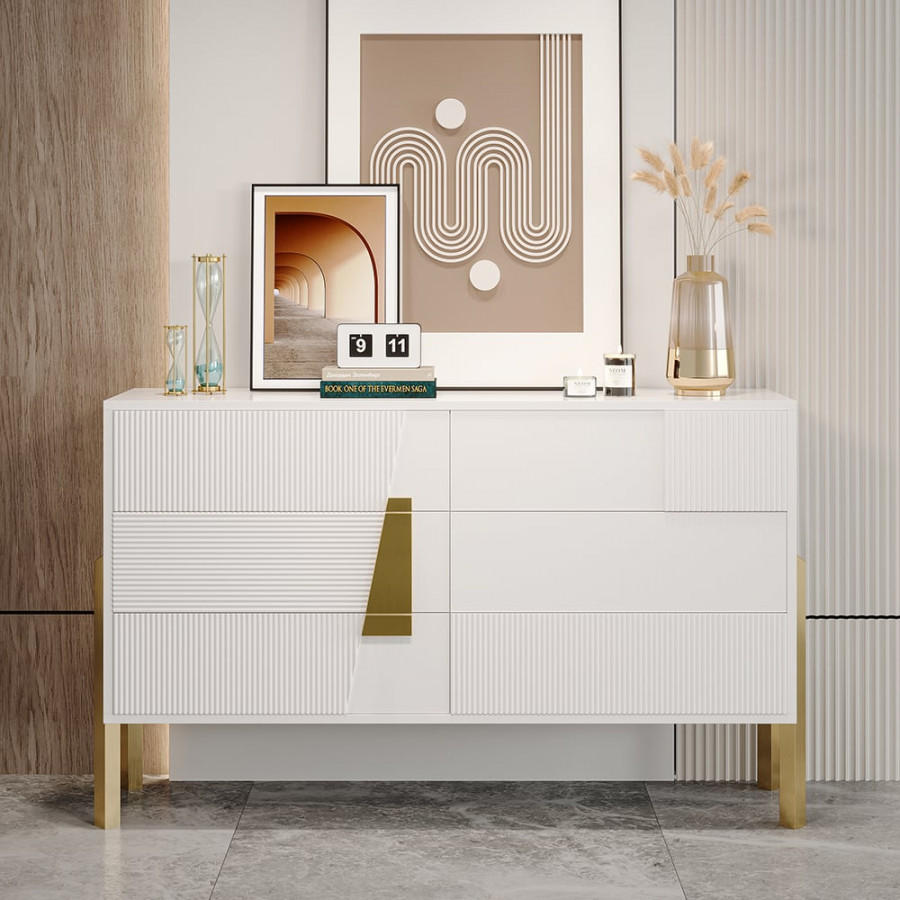 HMR - 55"W Modern White 6 Drawer Dresser Fluted Chest Storage Cabinet