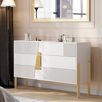 HMR - 55"W Modern White 6 Drawer Dresser Fluted Chest Storage Cabinet