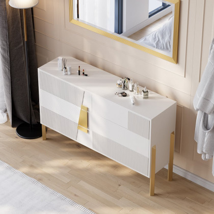 HMR - 55"W Modern White 6 Drawer Dresser Fluted Chest Storage Cabinet