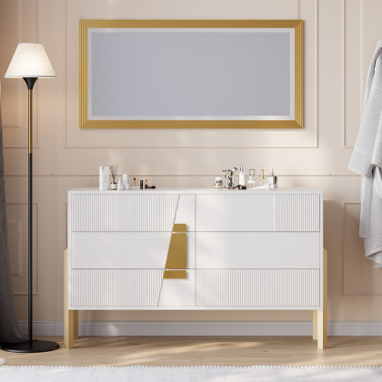 HMR - 55"W Modern White 6 Drawer Dresser Fluted Chest Storage Cabinet
