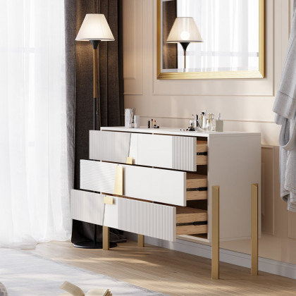 HMR - 55"W Modern White 6 Drawer Dresser Fluted Chest Storage Cabinet