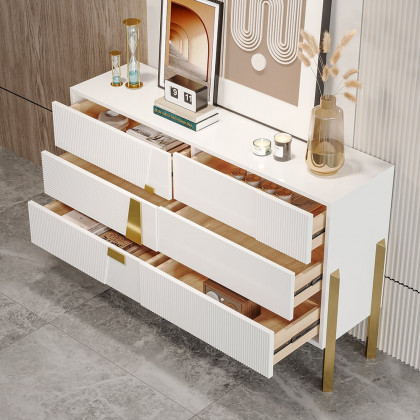 HMR - 55"W Modern White 6 Drawer Dresser Fluted Chest Storage Cabinet