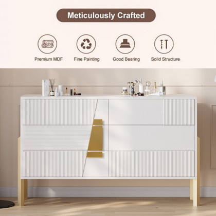 HMR - 55"W Modern White 6 Drawer Dresser Fluted Chest Storage Cabinet