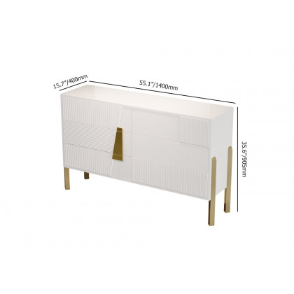 HMR - 55"W Modern White 6 Drawer Dresser Fluted Chest Storage Cabinet