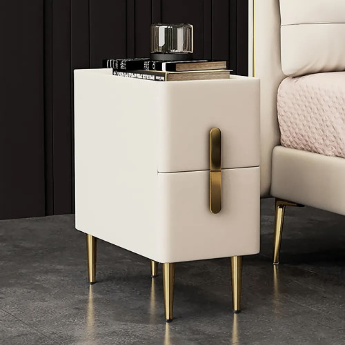 HMR Inarrow Modern Nightstand Bedside Table with 2 Drawers in Gold Legs - Beige, Set of 2