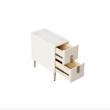 HMR Inarrow Modern Nightstand Bedside Table with 2 Drawers in Gold Legs - Beige, Set of 2