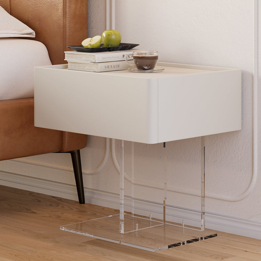 HMR - Modern White Faux Leather Floating Nightstand Bedside Table with Acrylic Frame