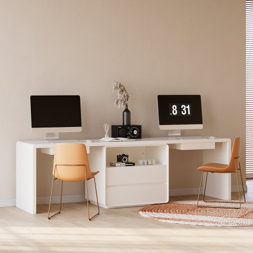 HMR 94.5" 2-Person Double Desk Modern Retangular Office Desk 4 Drawers & 1 Cabinet - White