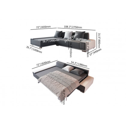 HMR - Doart 108.3" Cotton & Linen Convertible Sleeper Sofa Modular Corner L-Shaped 4-Seater