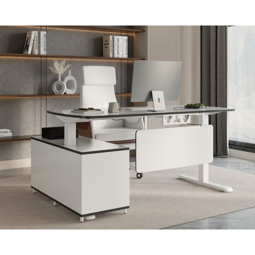 HMR Modern L-Desk Adjustable Electric Standing Desk & Office Chair Set - White, Left Hand