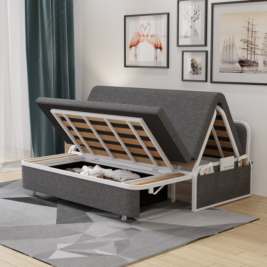 HMR Modern 2-Seater Linen Sleeper Sofa with Trundle - Deep Gray, Queen Size