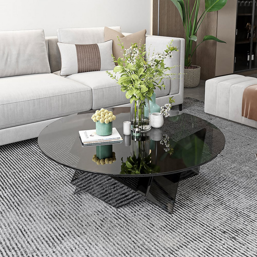 HMR - Acrylic Black Round Coffee Table in Geometric Abstract Art Deco Base Storage Shelves