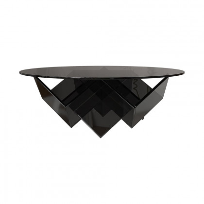 HMR - Acrylic Black Round Coffee Table in Geometric Abstract Art Deco Base Storage Shelves