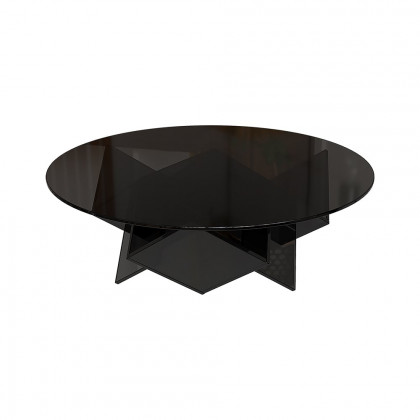 HMR - Acrylic Black Round Coffee Table in Geometric Abstract Art Deco Base Storage Shelves
