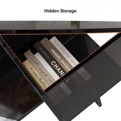 HMR - Acrylic Black Round Coffee Table in Geometric Abstract Art Deco Base Storage Shelves