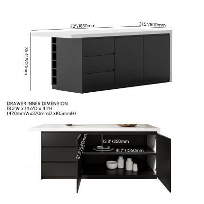 HMR Kitchen Island with Storage - White & Black, 72“/1830mm, Sintered Stone