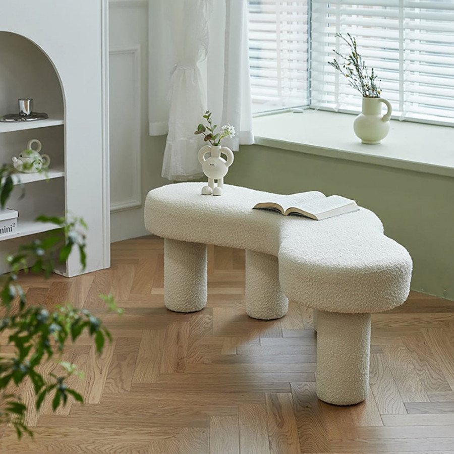 HMR - Modern White Bedroom Bench Boucle Tufted Long Bench with 4 Legs