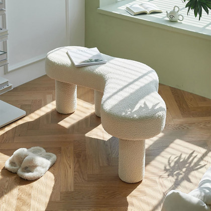 HMR - Modern White Bedroom Bench Boucle Tufted Long Bench with 4 Legs