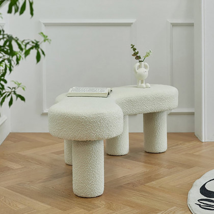 HMR - Modern White Bedroom Bench Boucle Tufted Long Bench with 4 Legs