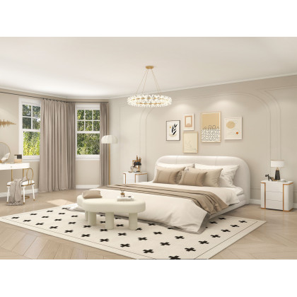 HMR - Modern White Bedroom Bench Boucle Tufted Long Bench with 4 Legs