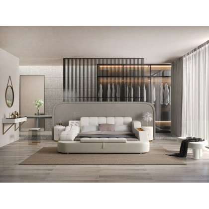 HMR - Modern White Bedroom Bench Boucle Tufted Long Bench with 4 Legs