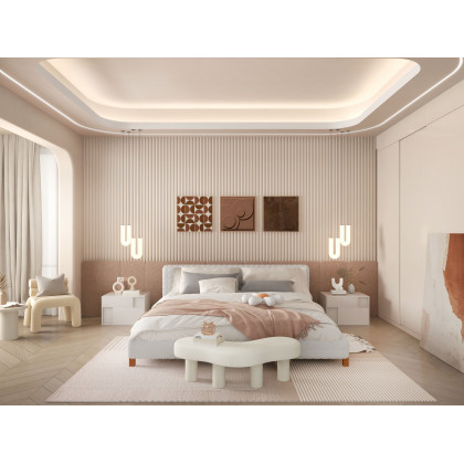 HMR - Modern White Bedroom Bench Boucle Tufted Long Bench with 4 Legs