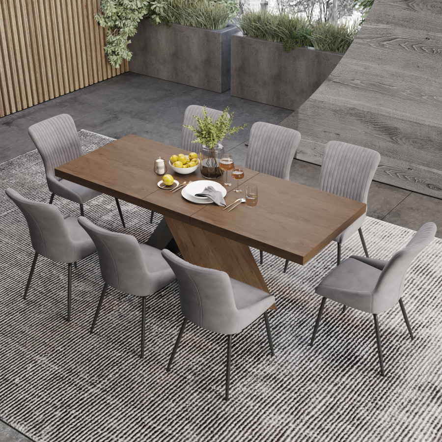 HMR Dining Set 61''-79'' Extendable Table - Walnut, Style C, With 8 Chairs