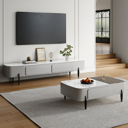 HMR - Galure Modern Long Light Gray Faux Marble TV Stand Storage Media Console for 75'' TV