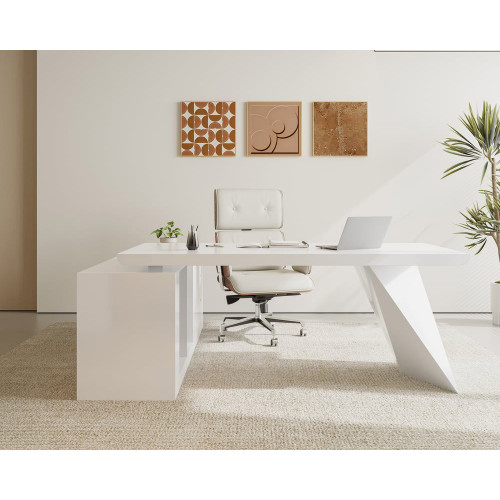 HMR Modern L-Shape Executive Desk & Office Chair Set - White, 70.9"L x 70.9"W x 29.5"H, Right Hand