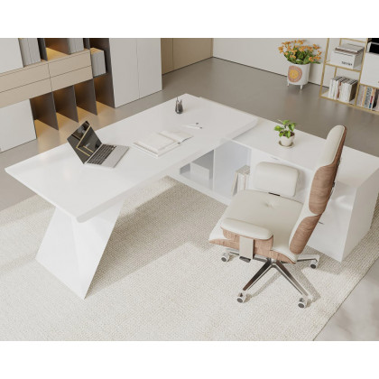 HMR Modern L-Shape Executive Desk & Office Chair Set - White, 70.9"L x 70.9"W x 29.5"H, Right Hand