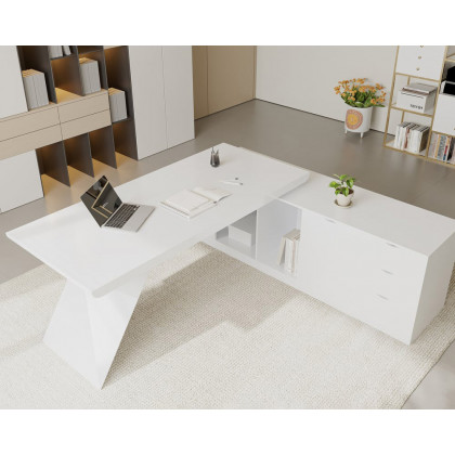 HMR Modern L-Shape Executive Desk & Office Chair Set - White, 70.9"L x 70.9"W x 29.5"H, Right Hand