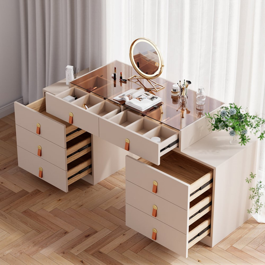 HMR - Chanor Modern Champagne Retractable Makeup Vanity Closet Island with Jewelry Storage