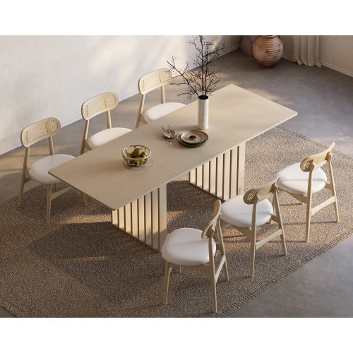 HMR Dining Set 55"-87" Japandi Extendable Dining Table Whitewash - Natural, Style A, With 6 Chairs