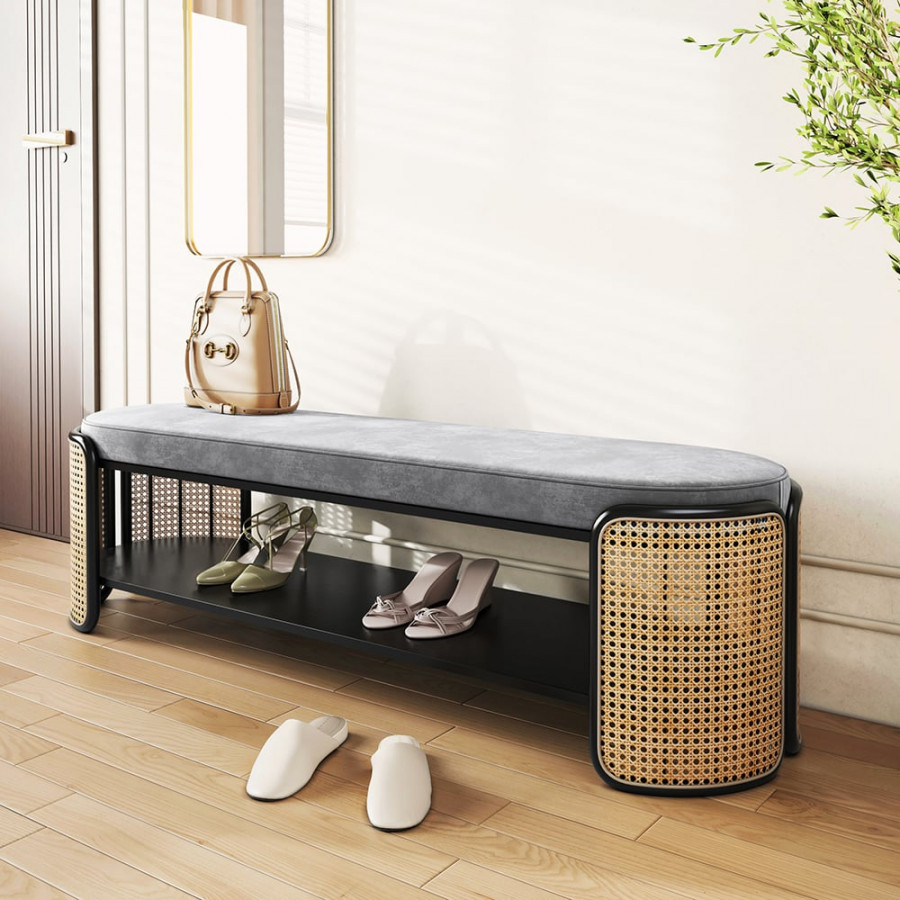 HMR - 49" Rattan Bench Modern Gray & Natural Upholstered Entryway Bench with Shoe Storage