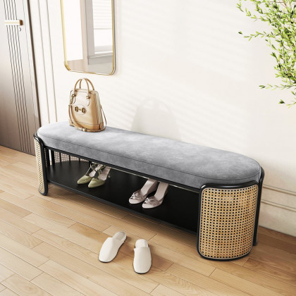 HMR - 49" Rattan Bench Modern Gray & Natural Upholstered Entryway Bench with Shoe Storage