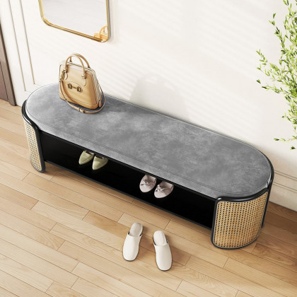 HMR - 49" Rattan Bench Modern Gray & Natural Upholstered Entryway Bench with Shoe Storage