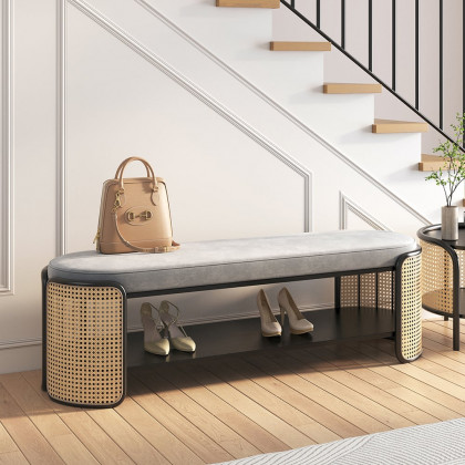 HMR - 49" Rattan Bench Modern Gray & Natural Upholstered Entryway Bench with Shoe Storage